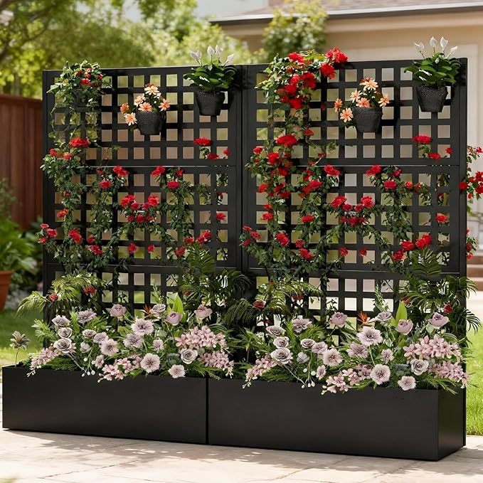 Metal Raised Garden Bed with Trellis Set of 2, Vegetable and Flower Garden Boxes, Black Planter Box with Trellis for Climbing Plants Vegetable Outdoor Indoor, Large 2Pcs Set