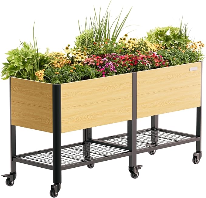 Rolling Elevated Garden Bed, 2' x 6' Metal Woodgrain Elevated Outdoor Planters Boxes with Legs & Storage Rack for Patio, 1400 lbs Weight Capacity, Raised Beds for Gardening Herb Flowers Vegetables