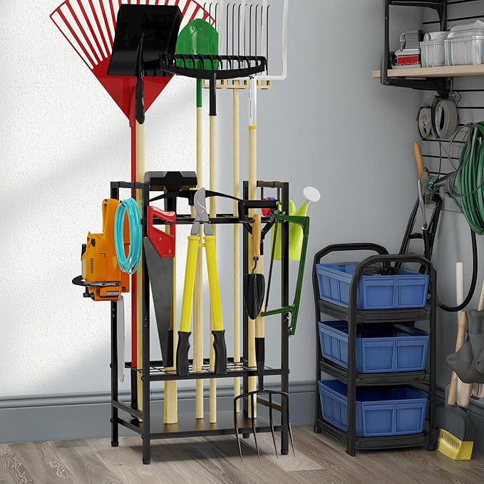VGMiu Garden Tool Organizer for Garage, Yard Tool Rack, Holds Up to 36 Long-Handled Tools, Black Metal Garden Tools Rack Storage with Hooks for Yard Shed Garage Organization