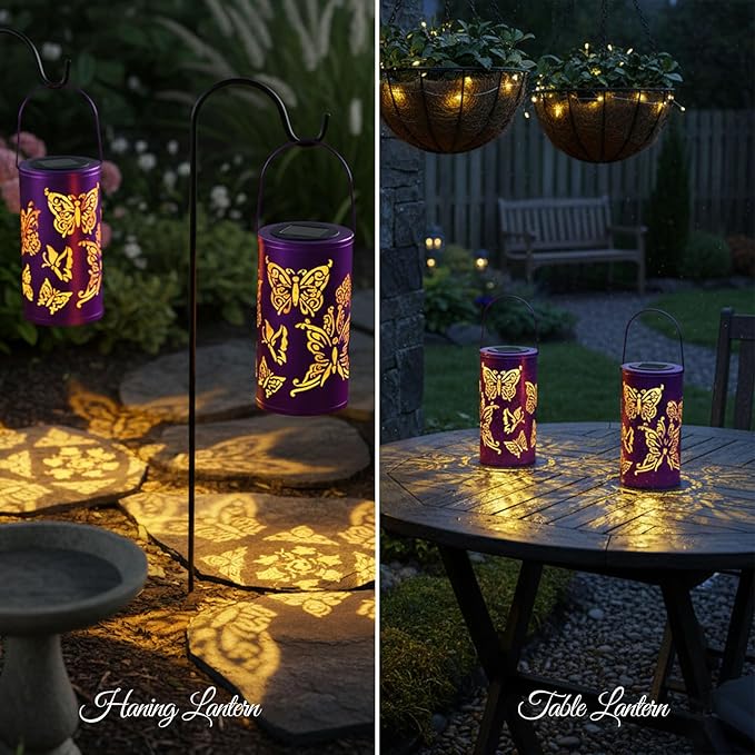 12.8" Large Size 2-Pack Outdoor Solar Lanterns Waterproof Metal Butterfly Patterns Garden Decor Gifts for Women Mom Grandma Hanging Solar Lanterns for Outside Yard, Patio, Backyard, Porch
