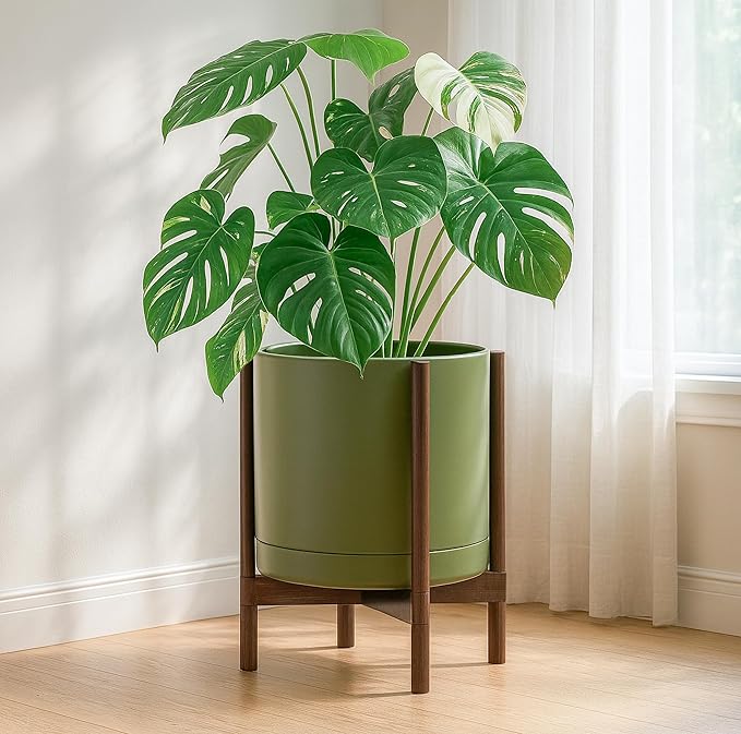 D'vine Dev Ceramic Planter with Walnut Color Stand - 14 Inch Modern Round Flower Pot with Wood Planter Holder, Olive, 55-B-T-J