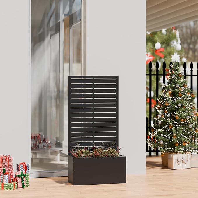 Casaphoria Metal Raised Garden Bed, 47"x24"x12" Planter Box for Climbing Plants, Vegetables & Vines, Features Drainage Holes and Privacy Screen (Black-Louvered)