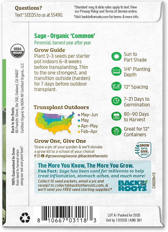 Back to The Roots 100% Organic Heirloom Seeds - Sage Value Pack (280mg Total)