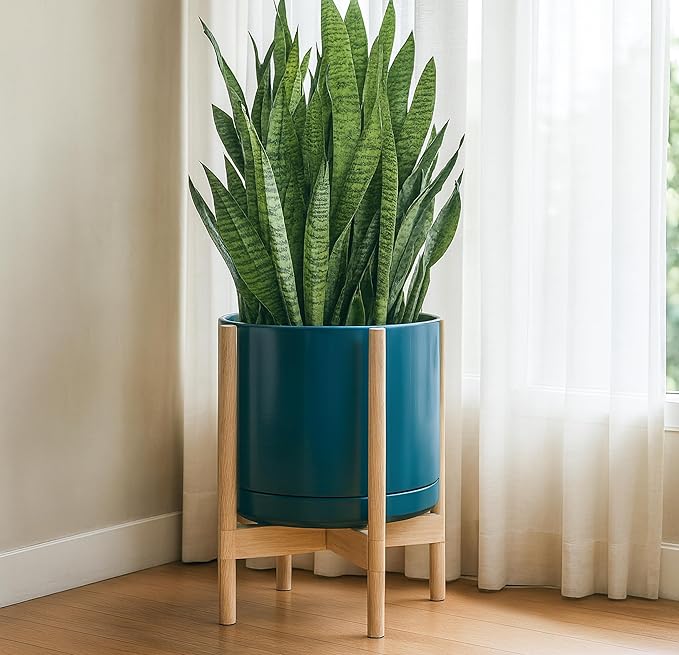 D'vine Dev Ceramic Planter with Natural Stand - 14 Inch Modern Round Flower Pot with Wood Planter Holder, Teal, 55-B-R-4