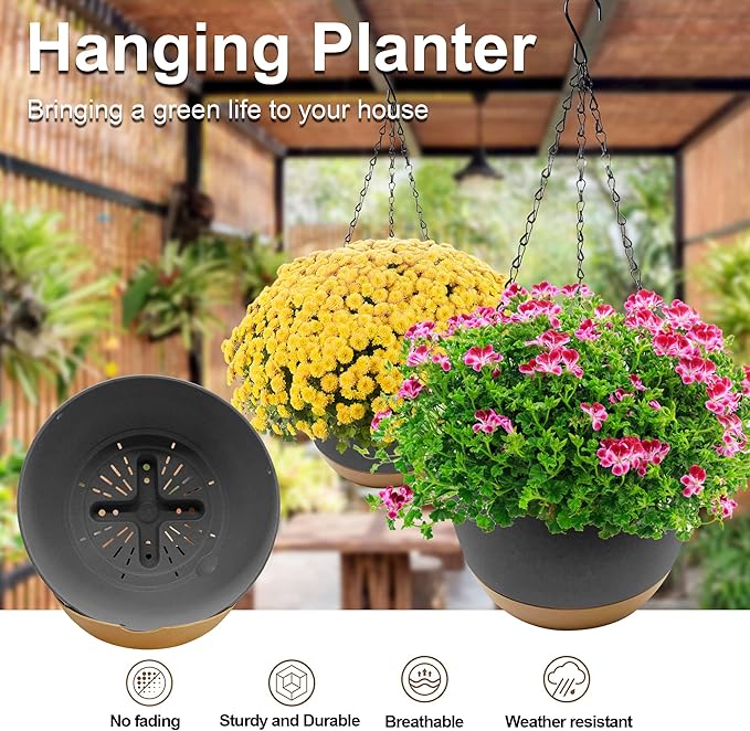10 Inch Hanging Planters for Indoor Outdoor Plants,2 Pack Hanging Flower Plant Pot，Plastic Hanging Plant Pots for Outside with Drainage Hole and Removable Saucer for Garden Home