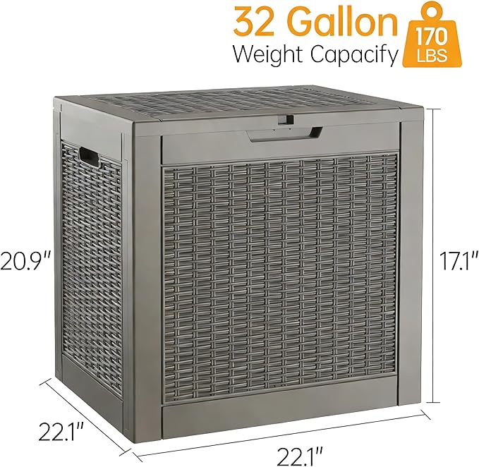 NBYSGO Outdoor Storage Box, Resin Deck Boxes Indoor and outdoor, Waterproof Storage Box Lockable Lid (Grey,32 Gallon)