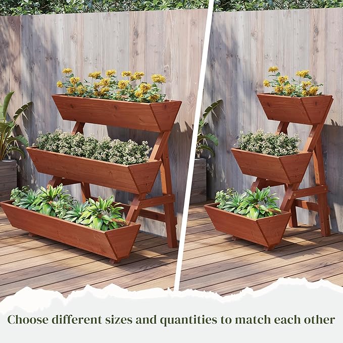 3-Tier Wooden Vertical Raised Garden Bed with Legs, Tiered Planter Box, Garden Planter, Garden Box, Wood Plant Stand Wood Flower Rack for Patio, Balcony, Freestanding. (Brick Red-Small)