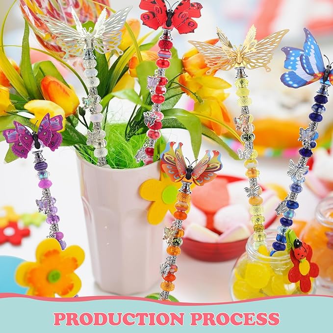 380Pcs Beaded Garden Stake, DIY Fairy Wand Beaded Decorative Butterfly Garden Stake Kit with 12IN Threaded Rod Crystal Stopper Top Large Holes Beads Butterfly Decoration Pendants Outdoor
