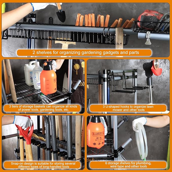 QTJH BIG Garden Tool Organizer with Wheels - Rolling Storage Rack - Multifunctional Cart