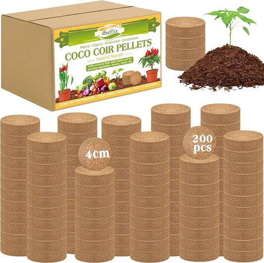 ZeeDix 200pcs 40mm Coco Coir Pellets Potting Soil, Organic Coconut Fiber Seed Starter Soil Pellets, Coconut Coir Soil Discs for Indoor Outdoor Plants, Herbs Houseplants Flowers Succulents Vegetables