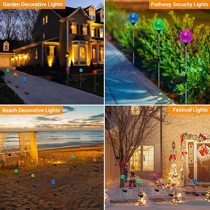 Solar Outdoor Lights, 6 Pack Christmas Solar Stakes Crystal Cracked Glass LED Garden Globe Light Outdoor Waterproof, Color-Changing Auto On/Off, Pathway Lights for Landscape Patio Yard Decorations