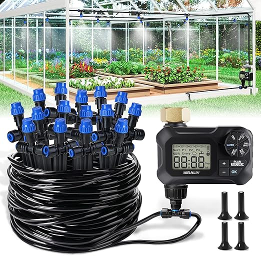 HIRALIY 59FT Greenhouse Misting Drip Irrigation Kit with Garden Timer, Hanging Plant Watering System, with Tubing, Misting Nozzles, and Water Timer, Quick Connector Design Automatic Irrigation System