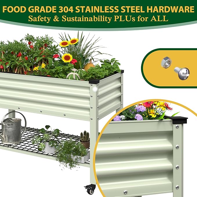 VEIKOU 48x24x34in Galvanized Steel Raised Garden Bed for Outdoor with Shelf and Casters, Drainage Holes, Detachable Liner, Steel Planter Box for Gardening, 507 lbs Capacity, Cream White