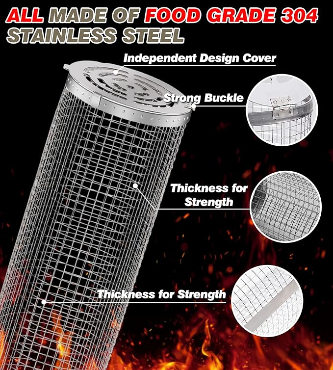 Rolling Grilling Baskets for Outdoor Grill Bbq Net Tube Must Have Large Round Mesh Barbecue Cylinder Cage Gadgets Cooking Accessories Essentials for Picnic Vegetable Fish Meat Veggies, Gift for Men