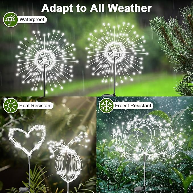 Solar Garden Lights Outdoor, 4 Pack 120 LED Twinkling Firework Lights Decorative with 2 Modes, Outdoor Waterproof Solar Starburst Light for Outside Yard Pathway Garden Decor, White