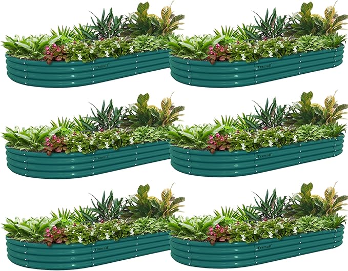 6 Pack 6x3x1FT Galvanized Raised Garden Bed Kit Oval Metal Ground Planter Box Outdoor Bottomless Planter Raised Beds for Vegetables Flowers Herbs Fruits, Green