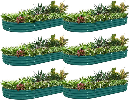6 Pack 6x3x1FT Galvanized Raised Garden Bed Kit Oval Metal Ground Planter Box Outdoor Bottomless Planter Raised Beds for Vegetables Flowers Herbs Fruits, Green
