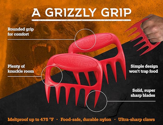 Bear Paws Meat Claws - The Original Meat Shredder Claws for Pulled Pork, USA Made - Easily Lift, Shred, Pull and Serve Pork, Chicken, Brisket and Turkey - Gift for Dad on Christmas! (Red)