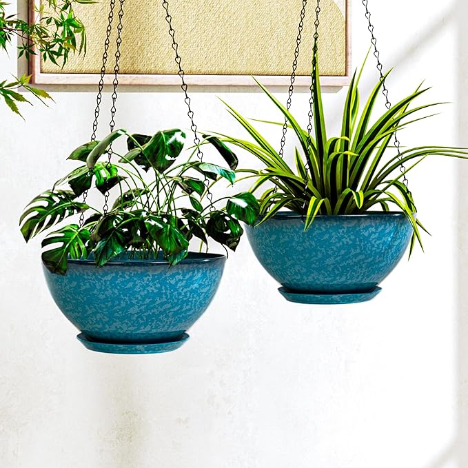 2 Pack 10 inch Hanging Planters, Plastic Hanging Plant Pots with Drainage Hole and Chain, Hanging Flower Pots for Outdoor Indoor Plants (Snowflake Blue)