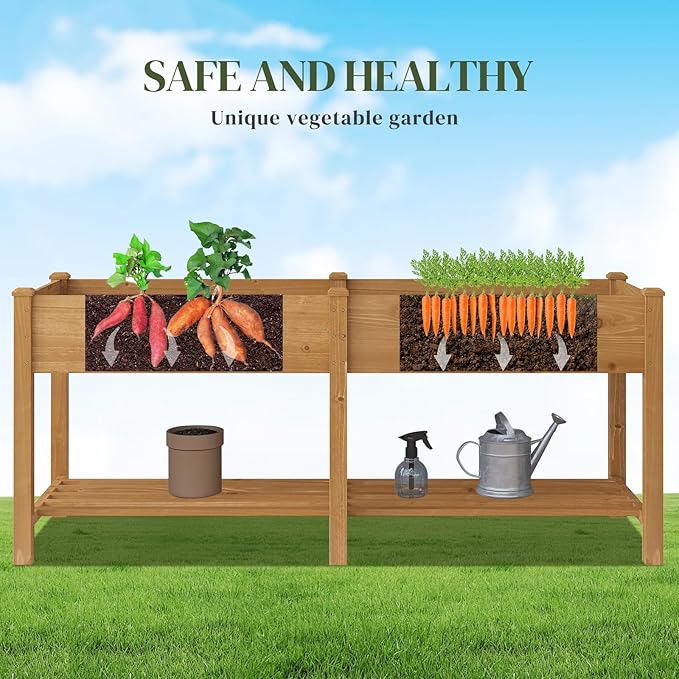 Wooden Raised Garden Bed, Planter Box with Legs, Garden Planter with Divider Bag for Backyard, Patio, Balcony, Planter Stand Box for Herbs and Vegetables (Brown-L)