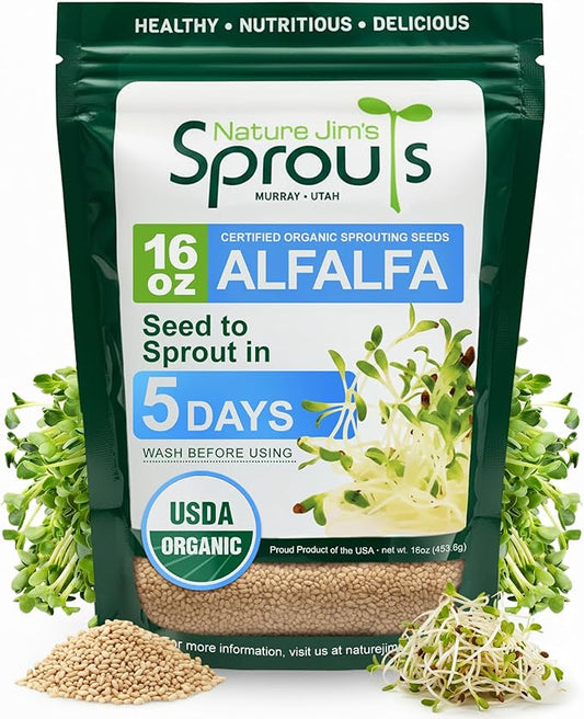 Nature Jims Sprouts Alfalfa Seeds – Non-GMO Organic Sprout Growing Kit for Planting – Premium Resealable Bag for Fresh Homegrown Sprouting Seeds – Rich in Nutrients, Vitamins, Fiber & Minerals – 16oz
