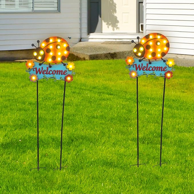 Garden Stakes Decorative 43.3inch with Large Metal Welcome Sign, Solar Pathway Lights Outdoor Waterproof with 18 String Bulbs for Spring and Summer Decor, Ladybug Lawn Ornaments