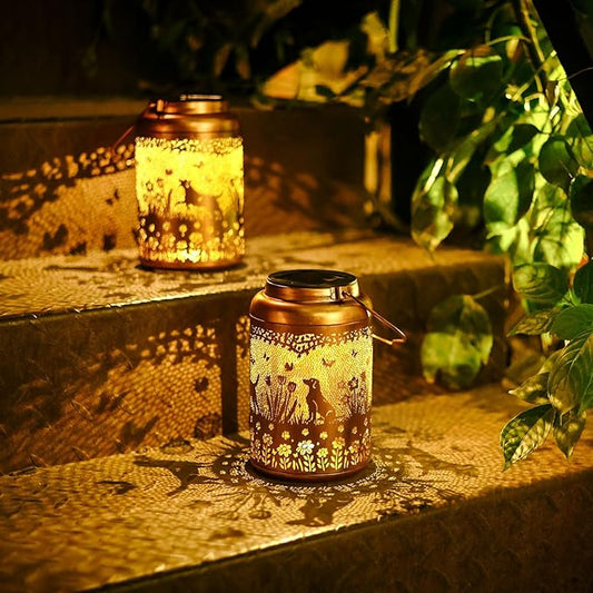 2Pack Dog Solar Lanterns Outdoor Waterproof Garden Decor Solar Lights Birthday Gifts for Women Mom Grandma Hanging Lantern LED Light Metal Dog Decoration Outside for Yard,Lawn,Porch,Patio,Tabletop
