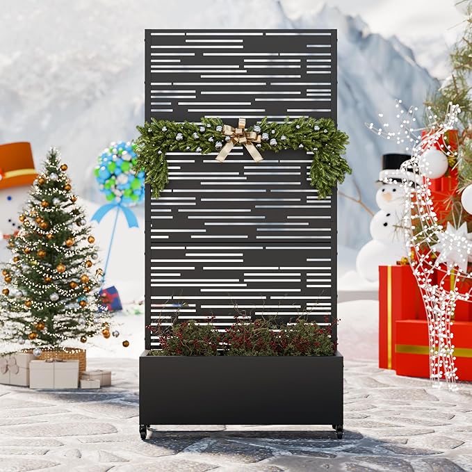 Casaphoria Metal Raised Garden Bed with Trellis and Wheels, 72"x35"x16" Planter Box for Climbing Plants, Vegetables & Vines, Features Drainage Holes and Privacy Screen (Black-Shine)