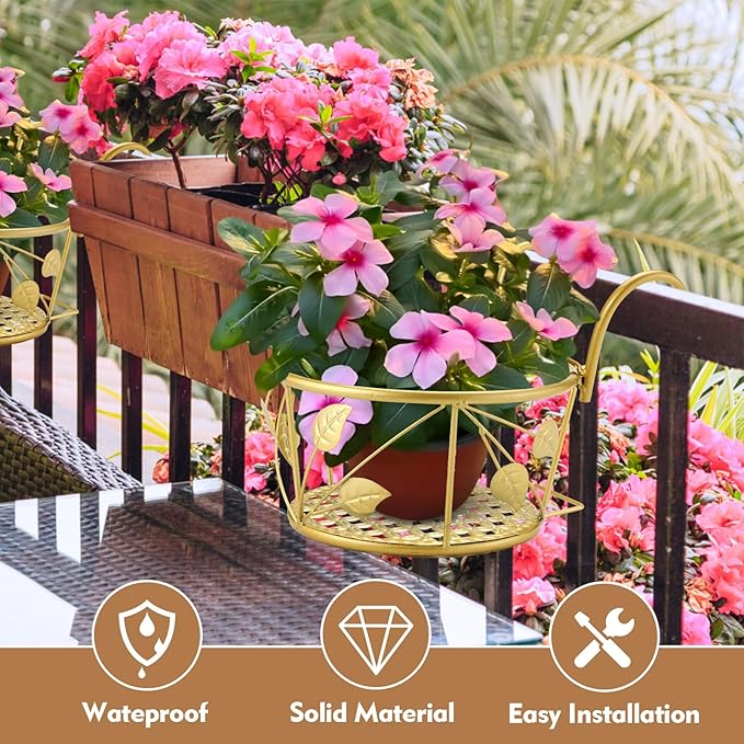 3 Pack Hanging Planter Holders for Balcony Railings Heavy Duty Metal Flower Pot Stands for Indoor Outdoor Use Deck Fence Garden Patio Porch Railing Plant Hangers (Golden)