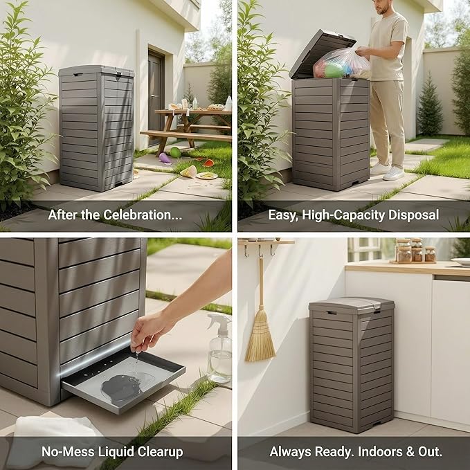 31 Gallon Resin Trash Can Cabinet with Lid & Drip Tray - Waterproof Outdoor Garbage Bin for Patio, Kitchen, Yard, and Entertaining Areas - Easy Assembly, No Tools Required