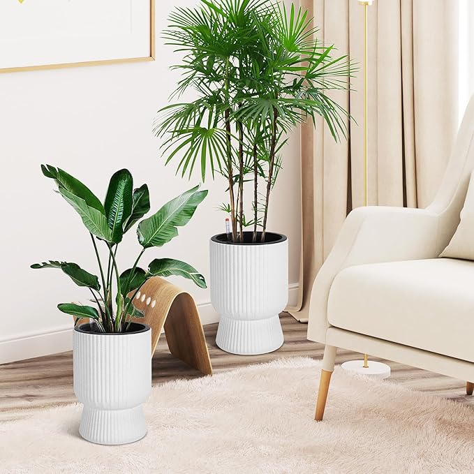 14.2" Tall Planters Set of 2, Large Indoor/Outdoor Self-Watering Plant Pots with Drainage, Water Level Monitor & Wheels, Flower Pots for Patio, Porch, Living Room, Home Office