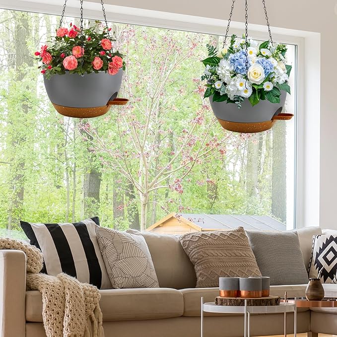 12 inch Hanging Planters for Indoor Plants, 2 Pack Self-Watering Hanging Planter Pots with Chain and Drainage Holes, Outdoor Plastic Hanging Baskets for Garden Home Decor