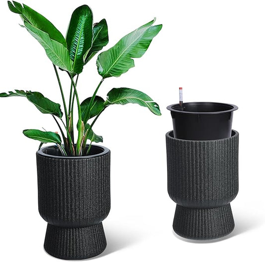 14.2" Tall Planters Set of 2, Large Indoor/Outdoor Self-Watering Plant Pots with Drainage, Water Level Monitor & Wheels, Flower Pots for Patio, Porch, Living Room, Home Office