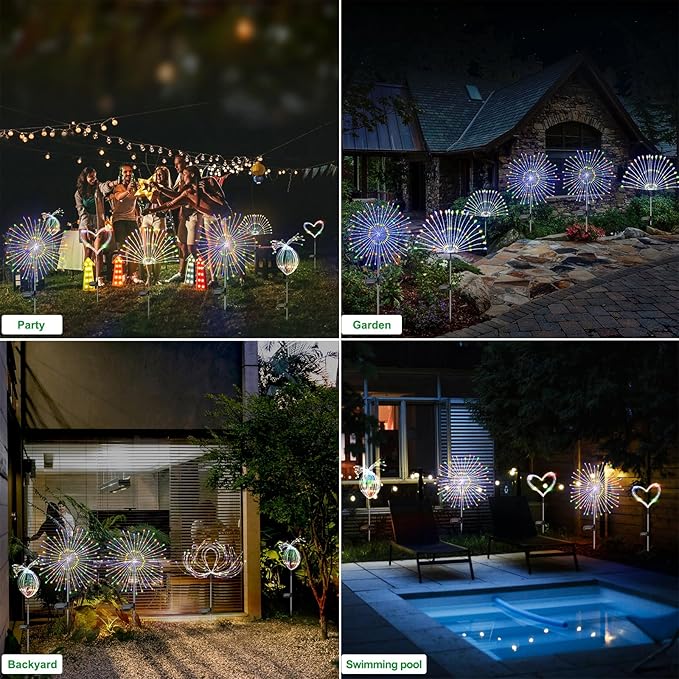 Solar Garden Lights Outdoor Waterproof, 2 Pack 120 LED Solar Firework Lights Decorative Garden Décor Outside for Flowerbed Pathway Party Christmas Decoration, Multicolor