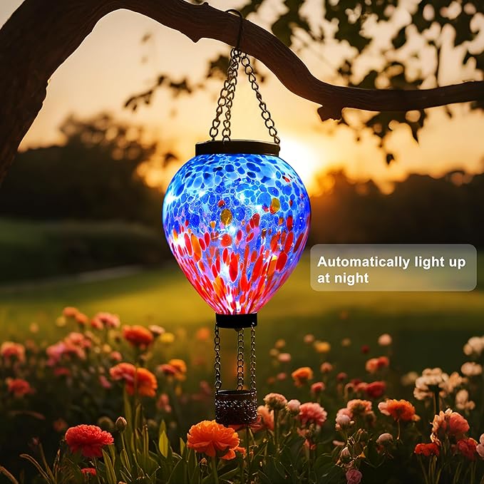 VOREEN Solar Hot Air Balloon Light – Handblown Colored Glass Outdoor Hanging Lantern for Garden, Patio, Balcony Decor – Waterproof, Fade-Resistant LED Light, Gift for Mom Wife Friend, Nature Lovers