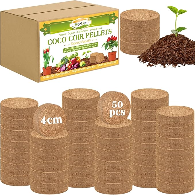 ZeeDix 50pcs 40mm Coco Coir Pellets Potting Soil, Organic Coconut Fiber Seed Starter Soil Pellets, Coconut Coir Soil Discs for Indoor Outdoor Plants, Herbs Houseplants Flowers Succulents Vegetables