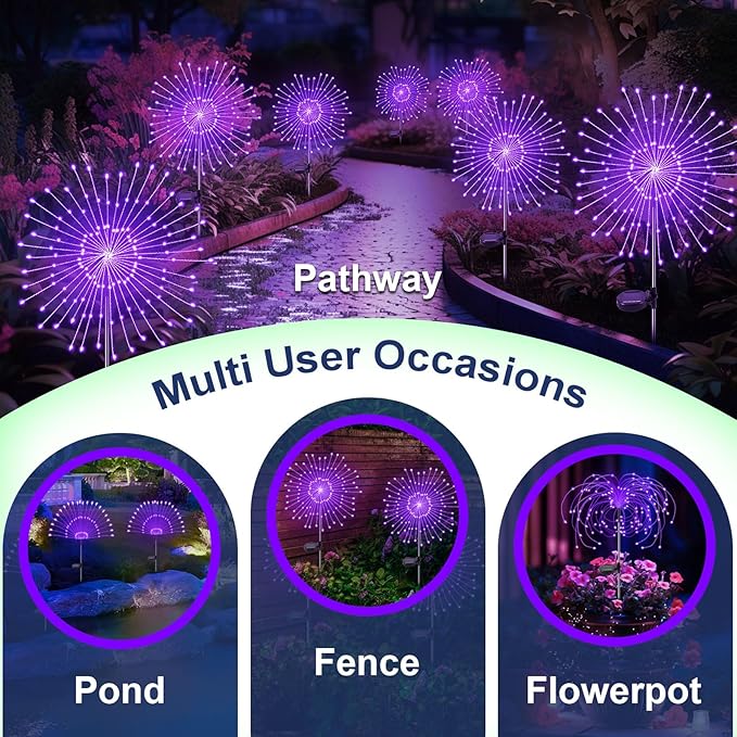 Solar Garden Lights Outdoor, 2 Pack 120 LED Twinkling Firework Lights Decorative with 2 Modes, Outdoor Waterproof Solar Starburst Light for Outside Yard Pathway Garden Decor, Purple