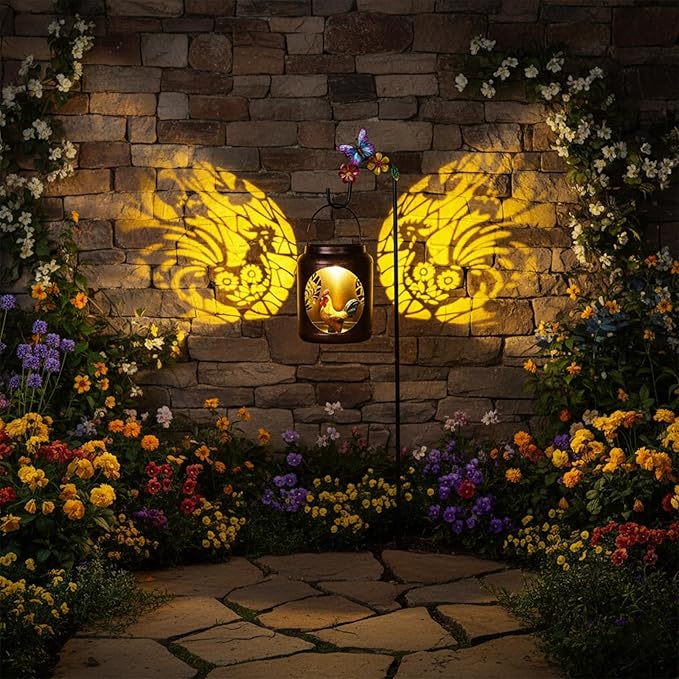 Solar Lanterns Outdoor Waterproof Metal Rooster Patterns with Resin Rooster Inside Garden Decor Gifts for Women Mom Grandma Hanging Solar Lights Decoration Outside for Yard, Patio, Backyard, Porch