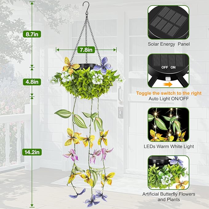 Solar Hanging Garden Lights - 2 Pack, Artificial Butterfly & Flower LED Fairy String Lights, IP65 Waterproof Outdoor Festive Decor for Patio, Porch, Garden, Yard, Warm Gift for Mom, Family & Friends