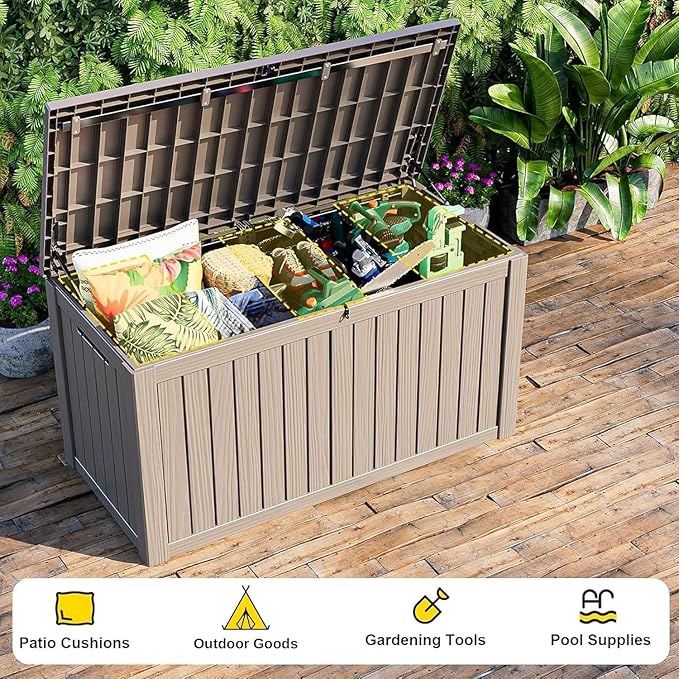 75 Gallon Waterproof Resin Deck Box, UV Resistant Outdoor Storage for Garden, Patio, Porch, Delivery（Grey，75 Gallon）