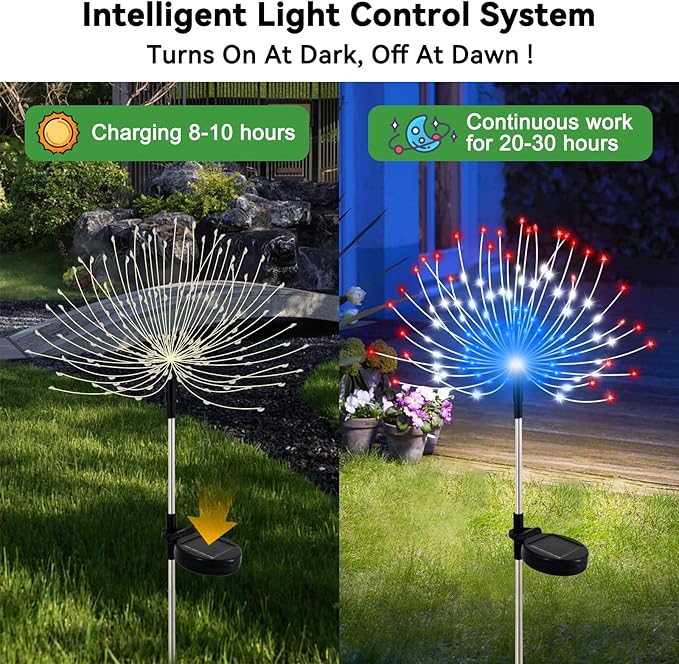 Solar Garden Lights Outdoor Waterproof, 2 Pack 120 LED Solar Firework Lights Decorative Garden Décor Outside for Flowerbed Pathway Party Christmas Decoration, Multicolor