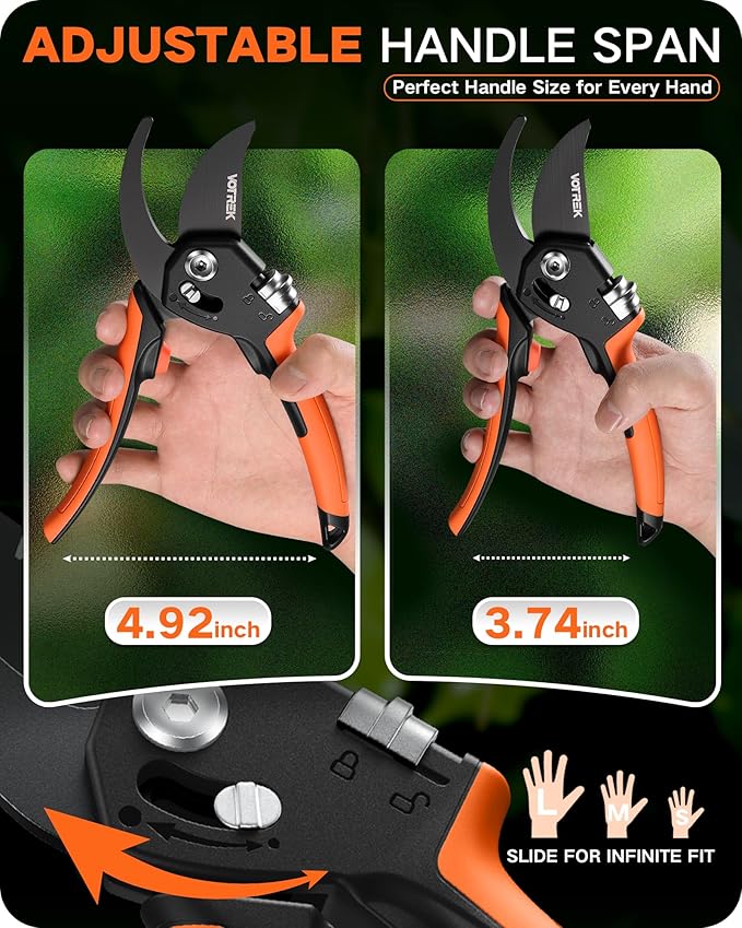 VOTREK 8.5" Pruning Shears for Gardening, 【Unique Stepless Handle Opening】Professional Bypass Garden Clipper, Heavy Duty Plant Pruners for Branch 【SK5 Steel Blades】【Built-in Spring】【All Hand Sizes】