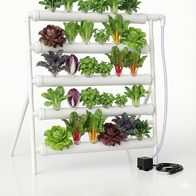 Hydroponic Plant Growing System with Water Pump & Sponges -36 Plant Sites 4 Food Grade PVC Hydroponics Kit! Indoor & Outdoor Planting Growing Stand for Vegetables, Herbs & Leafy Greens 42 inch