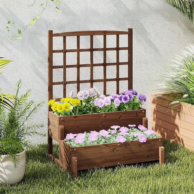 Byroce Outdoor Raised Garden Bed, Garden Planter Box with Lattice Trellis, Legs & Drainage Hole, 2-Tier Standing Elevated Planter for Flower, Fruit, Vegetable & Climbing Plants in Patio, Balcony (2)