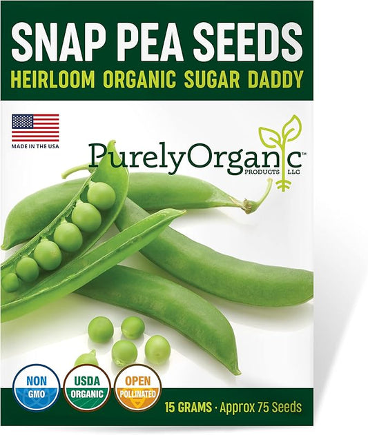 Organic Snap Pea Seeds (Sugar Daddy) - Approx 75 Seeds - USDA Organic, Non-GMO, Open Pollinated, Heirloom, USA Origin