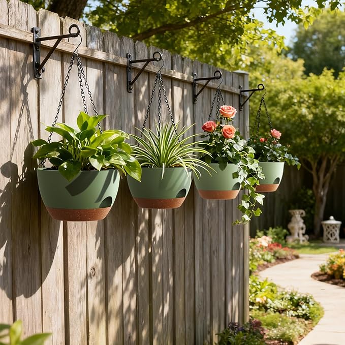 UOUZ 4 Pack 8 Inch Self Watering Hanging Planters for Indoor Outdoor Plants，Hanging Pots for Plants with Drainage Removable Tray, Hanging Baskets Flower Pots for Pothos Spider Garden Green with Brown