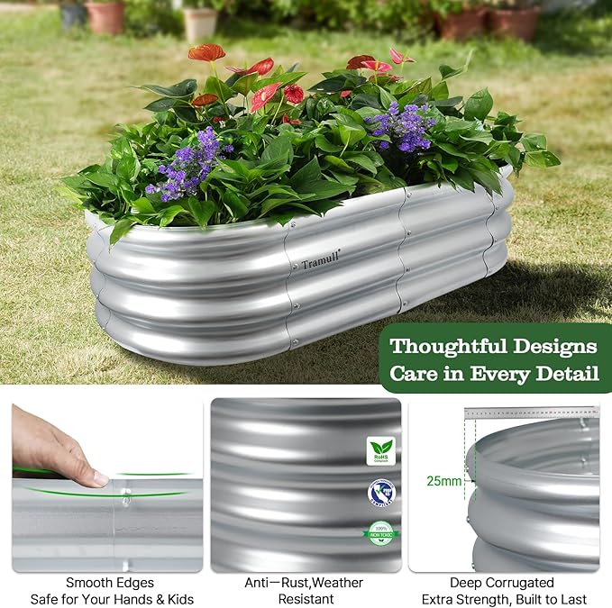 4-Pack 4 * 2 * 1FT Raised Garden Bed Kits, Outdoor Oval Metal Galvanized Ground Planter Garden Boxes for Planting Plants Vegetables Flowers Herbs Fruits, Silver