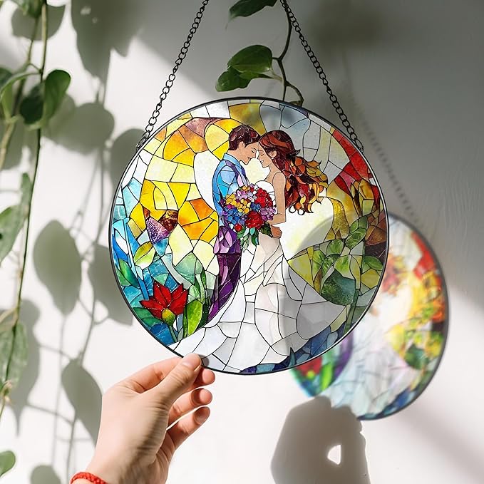 8'' Romantic Couple Wedding Sun Catcher Ornament, Stained Glass Window Hanging, Suncatchers for Windows Hanging Ornaments, Window Decor | Ideal Gift, Wedding Gift, Gifts for Couple & Newlywed