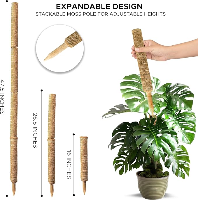 EcoNour 47.5" (4 Pack - 16") Stackable Moss Pole for Monstera Plant Support | Moss Sticks for Indoor Plants | Coir Totem Poles for Climbing Plants, Potted Plants, Creepers with Tie Accessories