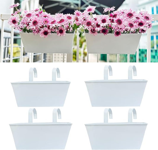 LaLaGreen Railing Planter (4 Pack, 14 Inch) White Metal Rectangle Outdoor Wall Hanging Flower Pots Balcony Bucket Deck Rail Fence Trendy Long Strawberry Succulent Plant Holder Rustic Countryside Style